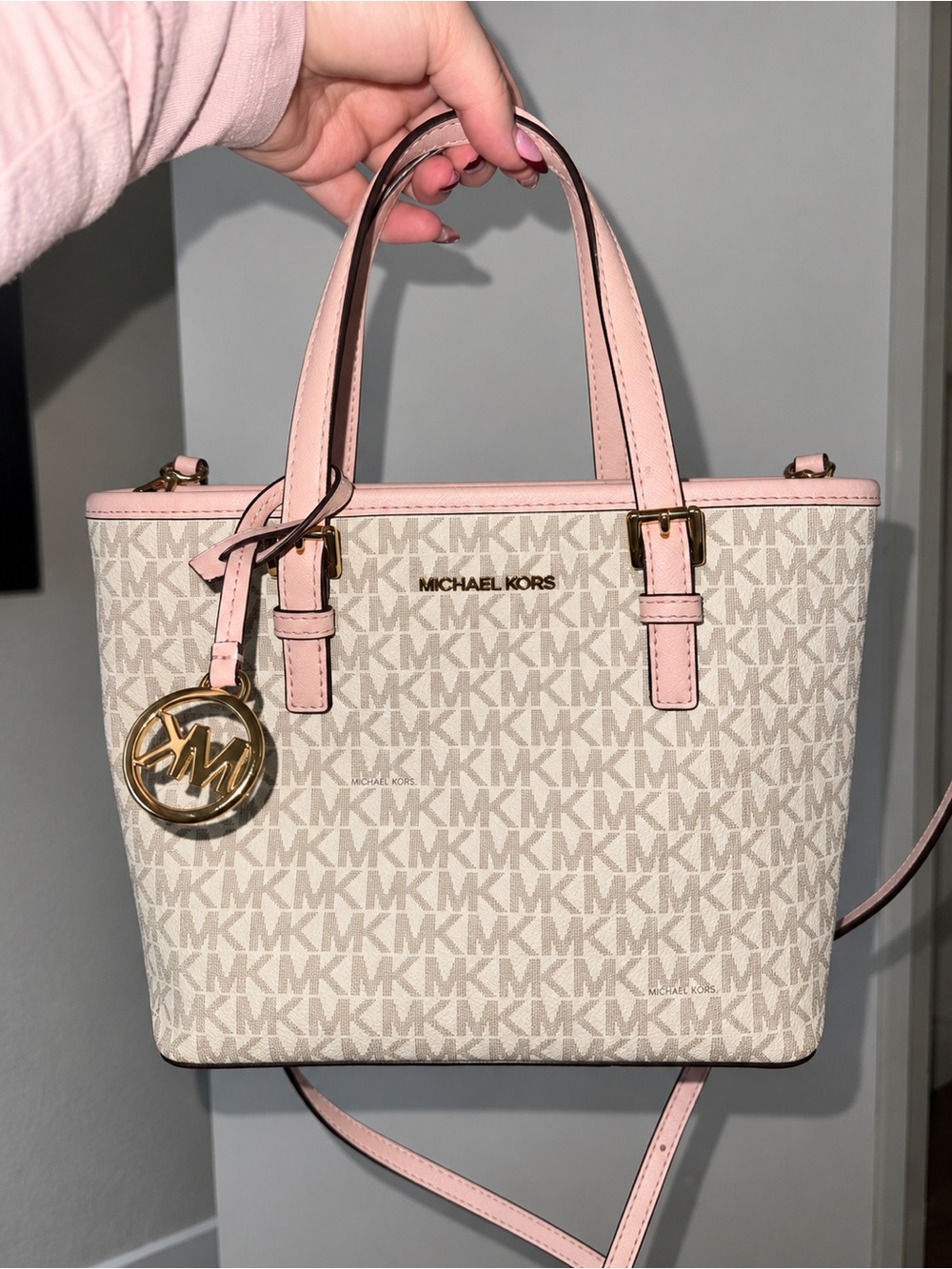 Michael Kors Cream MK Logo Crossbody Tote with Pink Trim